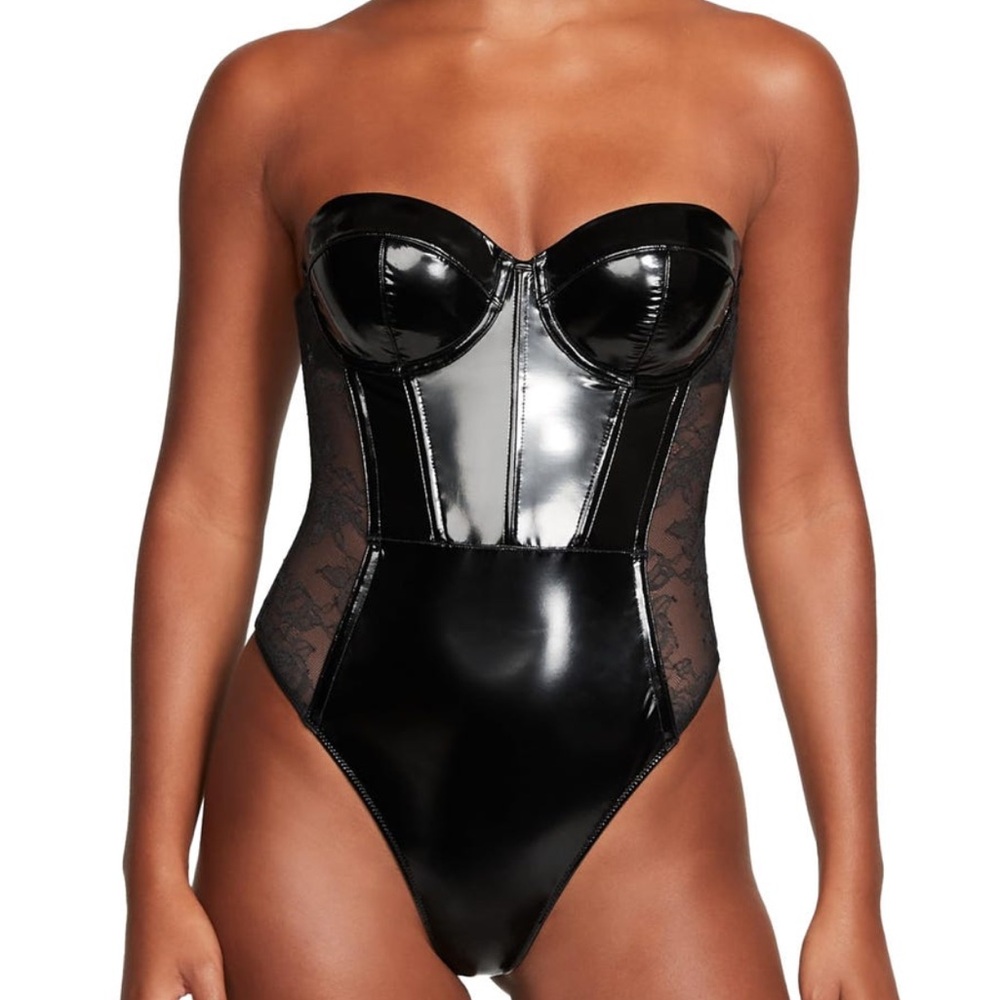 NWT Victoria's Secret XL XXL Patent Leather Teddy Bodysuit Floral Lace Strapless